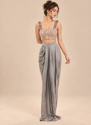 Grey embroidered modal satin drape skirt set 3