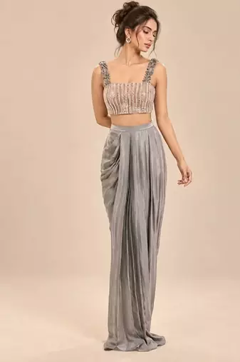 Grey embroidered modal satin drape skirt set