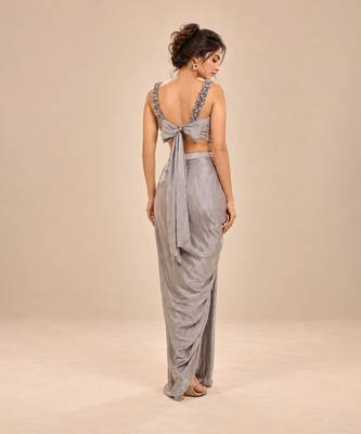 Grey embroidered modal satin drape skirt set 4