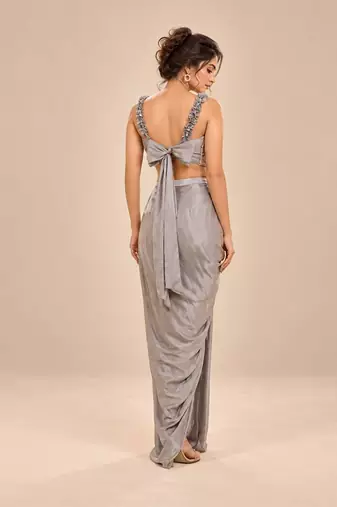 Grey embroidered modal satin drape skirt set