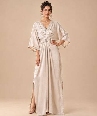 Silver embroidered mashroo silk drape kaftan 1