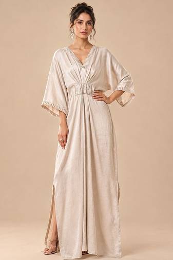 Silver embroidered mashroo silk drape kaftan