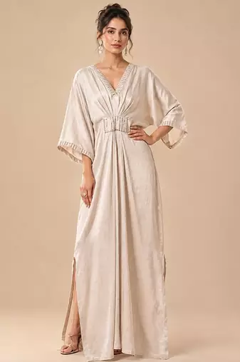 Silver embroidered mashroo silk drape kaftan