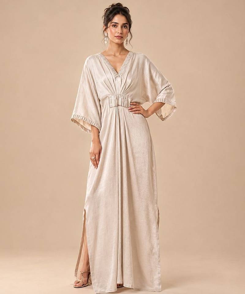 Silver embroidered mashroo silk drape kaftan
