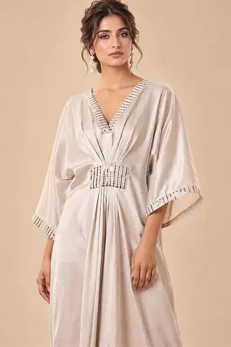 Silver embroidered mashroo silk drape kaftan