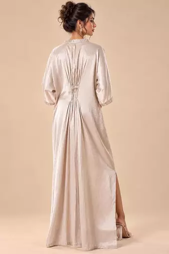 Silver embroidered mashroo silk drape kaftan