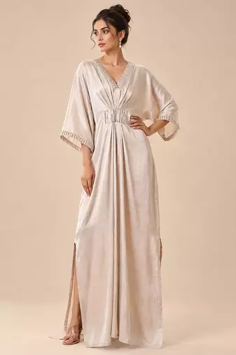 Silver embroidered mashroo silk drape kaftan