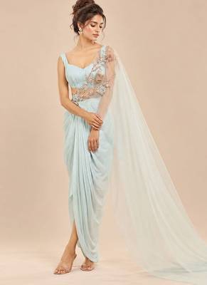 Light blue dhoti set with embroidered drape 1
