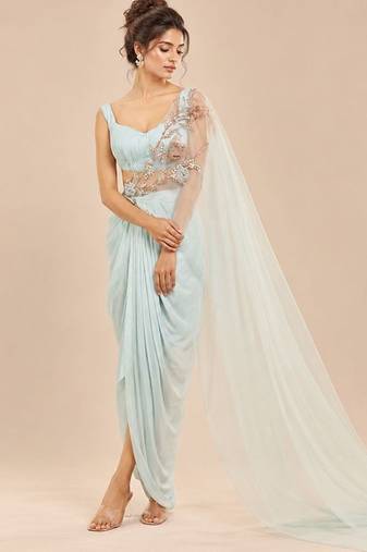 Light blue dhoti set with embroidered drape
