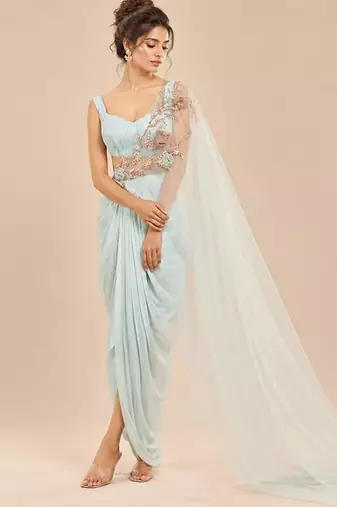 Light blue dhoti set with embroidered drape