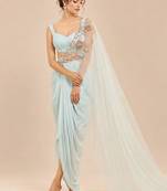 Light blue dhoti set with embroidered drape