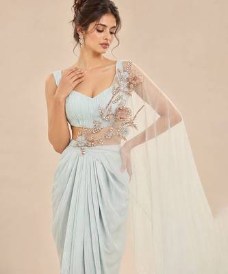 Light blue dhoti set with embroidered drape 2