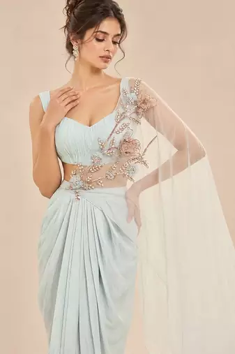 Light blue dhoti set with embroidered drape