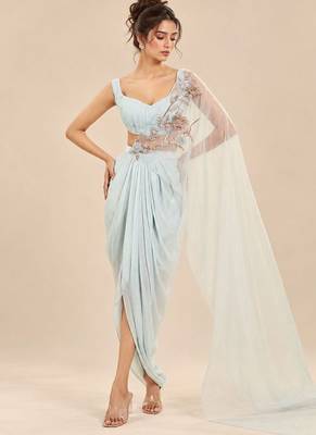 Light blue dhoti set with embroidered drape 3