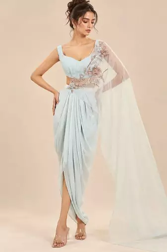 Light blue dhoti set with embroidered drape