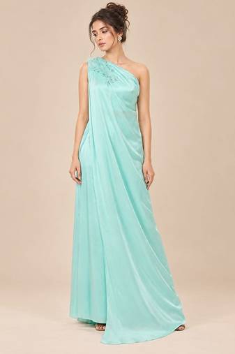 Mint green ruffle embroidered modal satin kurta set