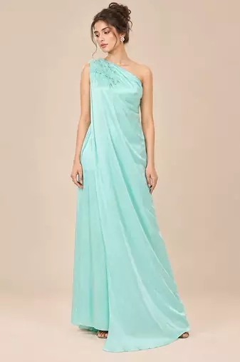 Mint green ruffle embroidered modal satin kurta set
