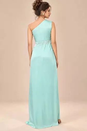Mint green ruffle embroidered modal satin kurta set