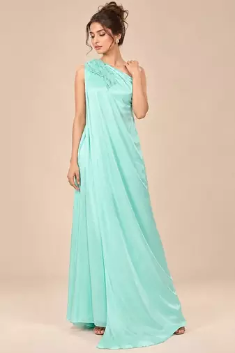 Mint green ruffle embroidered modal satin kurta set