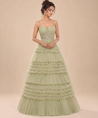 Sage green embroidered tulle net gown 1