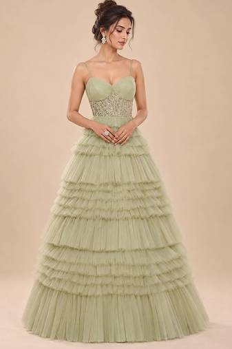 Sage green embroidered tulle net gown