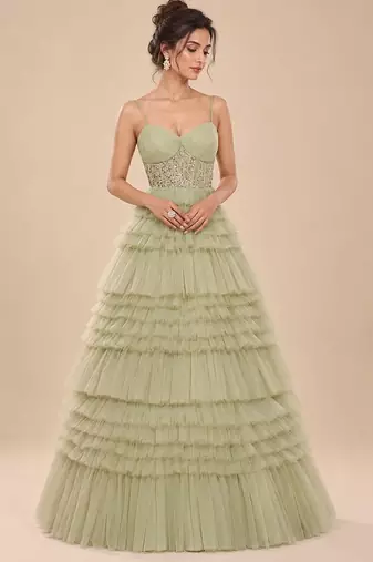 Sage green embroidered tulle net gown