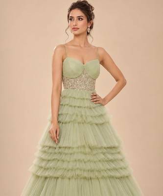 Sage green embroidered tulle net gown 2