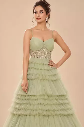 Sage green embroidered tulle net gown