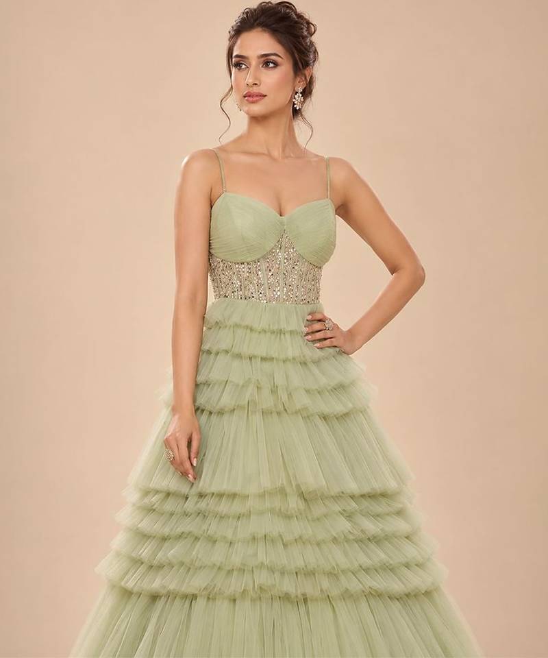 Sage green embroidered tulle net gown