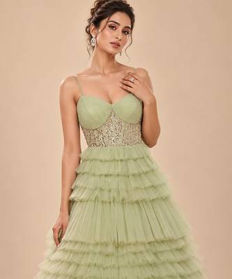 Sage green embroidered tulle net gown 3