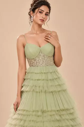 Sage green embroidered tulle net gown