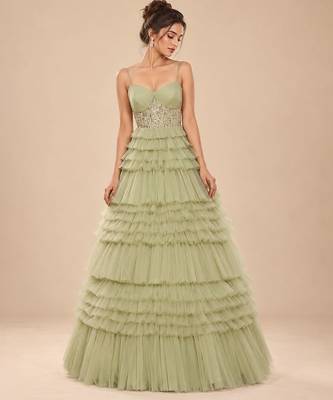 Sage green embroidered tulle net gown 4