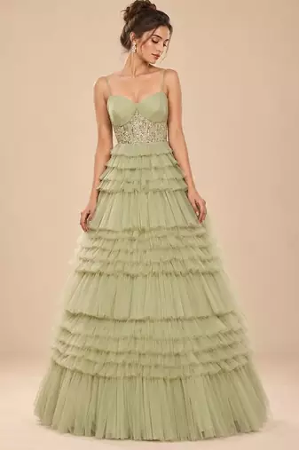 Sage green embroidered tulle net gown