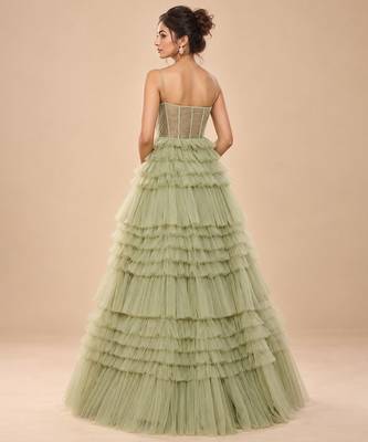 Sage green embroidered tulle net gown 5