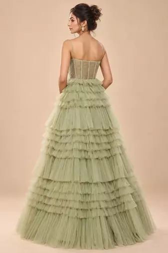 Sage green embroidered tulle net gown