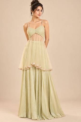 Sage green embroidered tulle modal satin kurta set