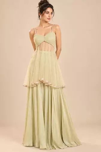 Sage green embroidered tulle modal satin kurta set