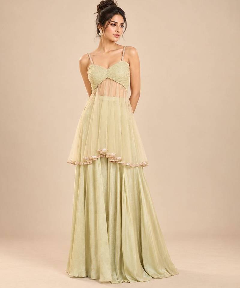 Sage green embroidered tulle modal satin kurta set