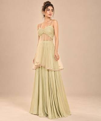 Sage green embroidered tulle modal satin kurta set 2