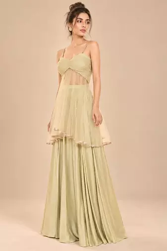 Sage green embroidered tulle modal satin kurta set