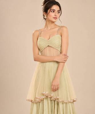 Sage green embroidered tulle modal satin kurta set 3