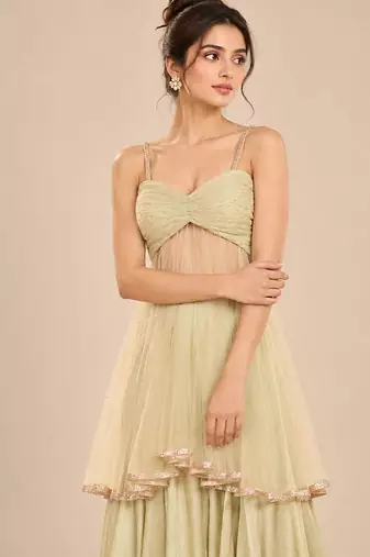 Sage green embroidered tulle modal satin kurta set