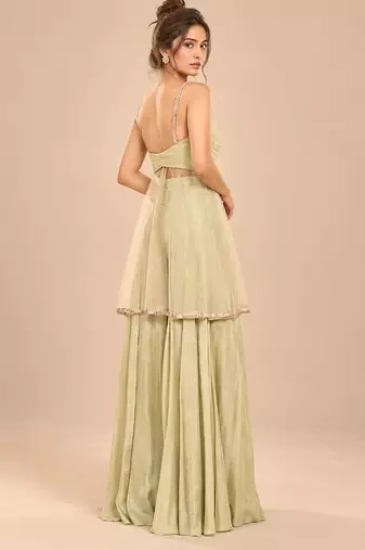 Sage green embroidered tulle modal satin kurta set