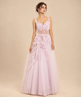 Lilac tulle net gown with ruffle embroidery 1