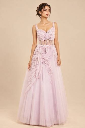 Lilac tulle net gown with ruffle embroidery
