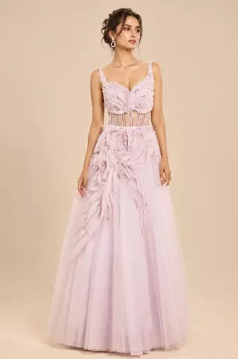 Lilac tulle net gown with ruffle embroidery