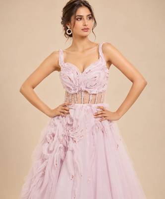Lilac tulle net gown with ruffle embroidery 2