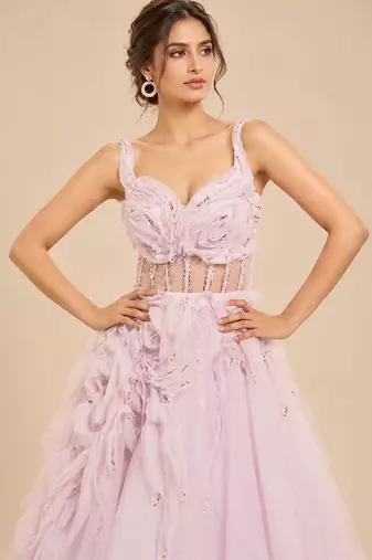 Lilac tulle net gown with ruffle embroidery