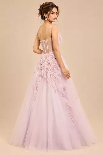 Lilac tulle net gown with ruffle embroidery