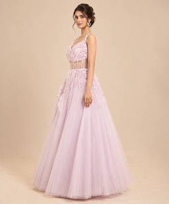 Lilac tulle net gown with ruffle embroidery 4